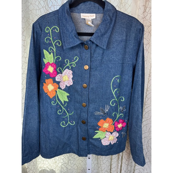 Jackets & Blazers - Vintage Y2K Tapestry‎ Patch Denim Jacket – Floral & Bee Embroidery – Women's L